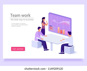 Landing page template. People work in office and in a team with graphs. Management, business, workflow situations. Vector isometric illustration.