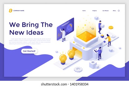 Landing page template with people working on belt conveyor and light bulbs. Creation of new ideas, creative thinking process. Modern isometric vector illustration for advertisement, service promo.