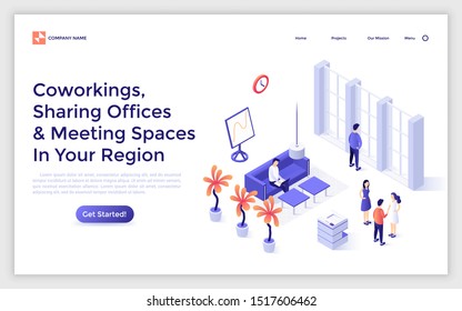 Landing page template with people working on computer and talking during business meeting or meetup. Coworking space or area for freelance workers. Modern isometric vector illustration for website.