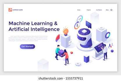 Landing page template with people working in lab and programming microchip placed inside robot's head. Concept of scientific research in AI technology, machine learning. Isometric vector illustration.