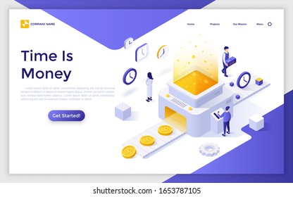 Landing page template with people working on conveyor belt and machine transforming clocks into dollar coins. Concept of opportunity cost, time is money. Modern colorful isometric vector illustration.