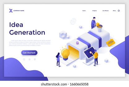 Landing page template with people working at conveyor belt with light bulb. Concept of innovative idea generation, production of technological innovation. Isometric vector illustration for website.