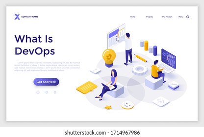 Landing Page Template With People Working On Computers, Programming Or Developing Software. Concept Of Devops, System Development, Information Technology Startup. Modern Isometric Vector Illustration.