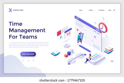 Landing page template with people working at giant calendar or planner. Concept of time management for teams, online service for teamwork planning. Modern isometric vector illustration for website.