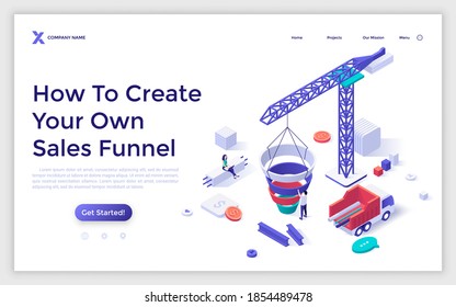 Landing Page Template With People Working On Construction Site, Crane, Truck. Concept Of Sales Or Purchase Funnel, Marketing Strategy Creation Or Building. Isometric Vector Illustration For Website.