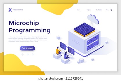 Landing page template with people working on computers connected to integrated circuit and cloud. Concept of microchip programming, microcontroller software development. Isometric vector illustration.
