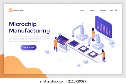 Landing page template with people working on integrated circuits production. Concept of industrial manufacturing of microchips or microprocessors. Modern isometric vector illustration for website.