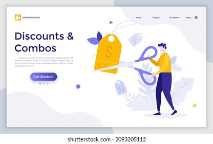 Landing page template with person cutting price tag with scissors. Concept of discount coupon or voucher, shop or store promotion, online sale. Modern flat colorful vector illustration for webpage.