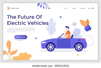 Landing page template with person driving automobile with plug. Concept of future of electric vehicles or smart cars, hi-tech innovation, innovative technology. Flat vector illustration for website.
