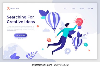 Landing page template with person flying among air balloons and touching light bulb. Concept of search for creative or innovative ideas. Modern flat colorful vector illustration for webpage, website.