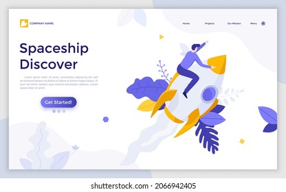 Landing page template with person flying on spaceship or rocket. Concept of interstellar travel, space exploration or mission, spacecraft launch. Modern flat colorful vector illustration for website.