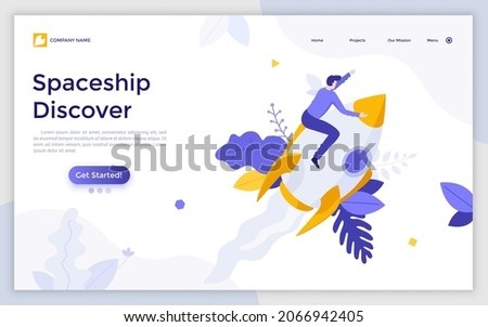 Landing page template with person flying on spaceship or rocket. Concept of interstellar travel, space exploration or mission, spacecraft launch. Modern flat colorful vector illustration for website.