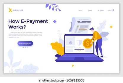 Landing page template with person inserting coin into slot in laptop computer. Concept of electronic or digital payment, banking application for e-payment. Modern flat vector illustration for website.