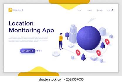 Landing page template with person looking at globe or planet, map pins and city buildings. Concept of location monitoring application, app for street navigation. Modern isometric vector illustration.