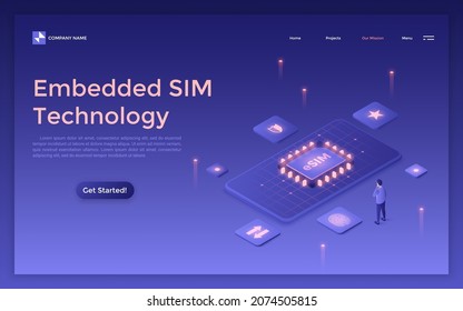 Landing page template with person looking at SIM microchip glowing in darkness. Concept of e-SIM or embedded universal integrated circuit card technology. Isometric vector illustration for website.