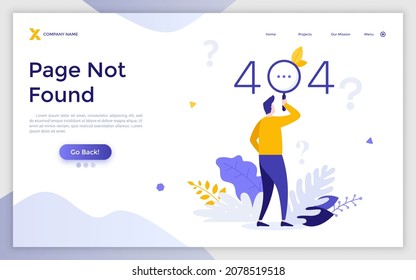 Landing Page Template With Person Looking At Error 404 Message Through Magnifying Glass. Concept Of Server Unavailable Or Page Not Found Notification. Modern Flat Vector Illustration For Webpage.