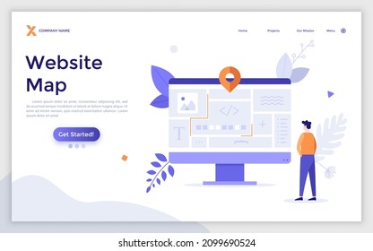 Landing page template with person looking at website layout on computer screen. Concept of site map, webpage structure and navigation, organization of web elements. Modern flat vector illustration.