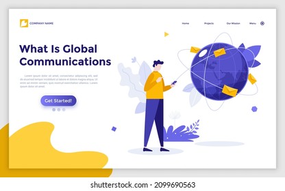 Landing page template with person looking at smartphone and envelopes orbiting globe or planet. Concept of global communication, international messaging. Modern flat vector illustration for webpage.