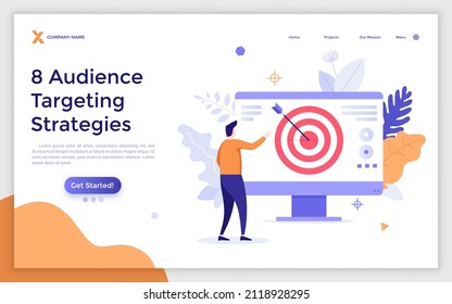 Landing page template with person looking at computer screen with shooting target and arrow in center. Concept of audience targeting marketing strategy, business goal. Modern flat vector illustration.