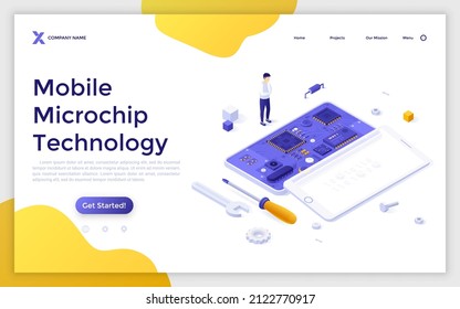 Landing page template with person looking at microprocessor inside cellphone. Concept of mobile microchip technology, integrated circuits for smartphones. Isometric vector illustration for webpage.