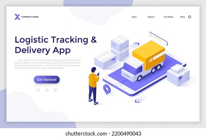 Landing page template with person looking at truck on top of smartphone. Concept of mobile application for delivery tracking, cargo transportation. Modern isometric vector illustration for website.