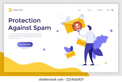 Landing Page Template mit Person Blick auf Brief in Umschlag durch Loupe und sehen Schädel und Kreuzknochen. Konzept der Spam-Nachricht, verdächtige E-Mail. Moderne flache Vektorgrafik für Webseiten.