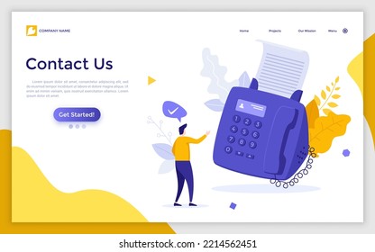Landing page template with person looking at fax machine printing document. Concept of office device for receiving or sending messages, communication technology. Flat vector illustration for webpage.