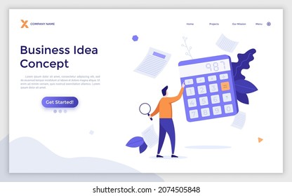 Landing Page Template mit Person mit Lupe mit Taschenrechner und Papierdokumenten. Konzept der Geschäftsidee, Buchhaltung, Finanzdienst, Papierkram. Moderne flache Vektorgrafik für Website.