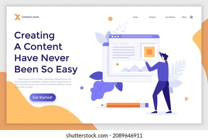 Landing page template with person organizing digital elements of website. Concept of web content creation and management, online information. Modern flat colorful vector illustration for webpage.