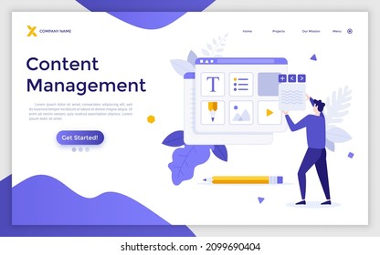 Landing page template with person organizing digital elements of website. Concept of web content management, webpage administration tool, organization of online information. Flat vector illustration.