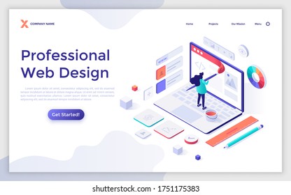 Landing page template with person painting with brush on laptop computer screen. Concept of professional web design, website building. Modern isometric vector illustration for advertisement, webpage.