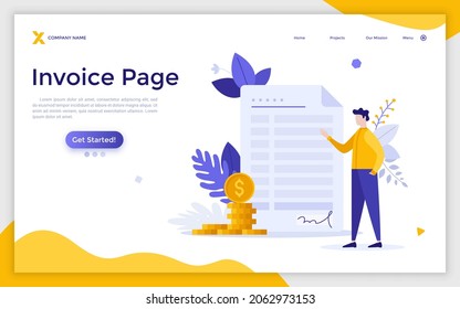 Landing page template with person, pile of dollar coins and paper receipt. Concept of electronic or digital payment, invoice page, online banking. Modern flat colorful vector illustration for website.