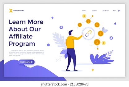 Landing page template with person pointing at chain links and dollar coin chart. Concept of affiliate marketing program, hierarchical financial system or structure. Modern flat vector illustration.