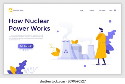 Landing page template with person in protective coat looking at cooling towers of nuclear power plant. Concept of atomic energy generation, electricity source. Flat vector illustration for website.