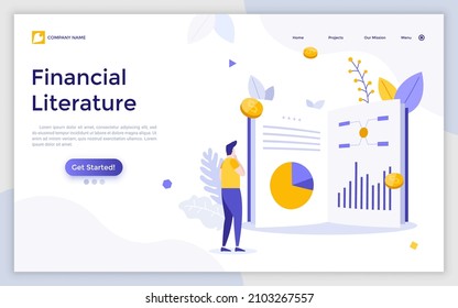 Landing page template with person reading book with graphs, diagrams and dollar coins. Concept of financial literature, economical studies and statistical data. Flat vector illustration for webpage.