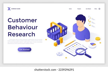 Landing page template with person, shopping basket, checklist, magnifier, diagrams. Concept of customer statistical data, research of consumer buying habits. Isometric vector illustration for webpage.