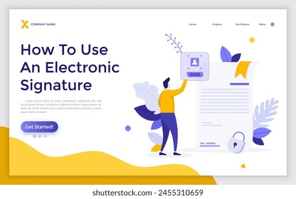 Vorlage der Zielseite mit Person, die das Dokument oder die Vereinbarung mit elektronischer Signatur unterzeichnet. E-Signatur für den Handel, kryptografische Authentifizierung des Unterzeichners. Moderne flache Vektorillustration