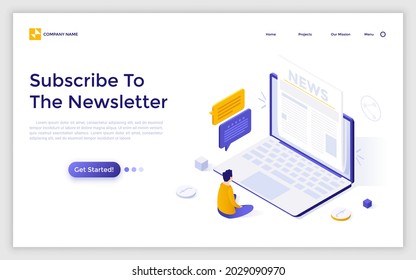 Landing page template with person sitting in front of laptop computer and reading newspaper on screen. Concept of subscription to newsletter or news via email. Modern isometric vector illustration.