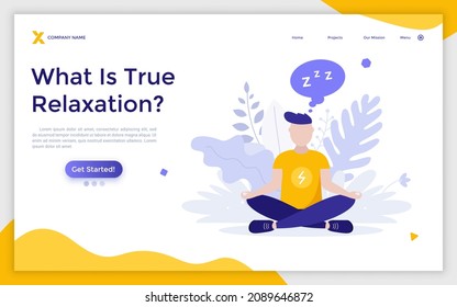 Landing Page Template With Person Sitting Cross-legged And Meditating. Concept Of Relaxation, Mindfulness Meditation, Mind Focusing Practice, Rest And Recharge. Flat Vector Illustration For Website.