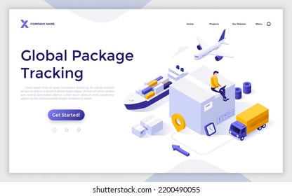 Landing page template with person sitting on top of parcel, aircraft, truck, ship. Concept of global package tracking, international cargo transportation. Isometric vector illustration for webpage.