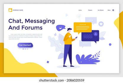 Landing page template with person with smartphone sending and receiving messages, speech bubbles. Concept of mobile app for instant messaging, online chatting. Flat vector illustration for website.