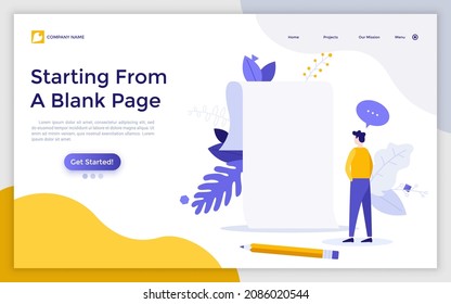 Landing page template with person standing in front of empty paper sheet. Concept of fear of blank page, writers block, beginning, start of new business porject. Flat vector illustration for webpage.