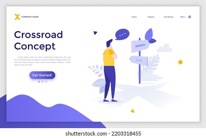 Landing page template with person standing on crossroad in front of double-sided road sign. Concept of business problem solving and making right choice. Modern flat vector illustration for webpage.