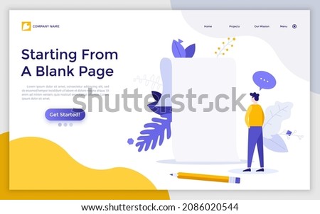Landing page template with person standing in front of empty paper sheet. Concept of fear of blank page, writers block, beginning, start of new business porject. Flat vector illustration for webpage.
