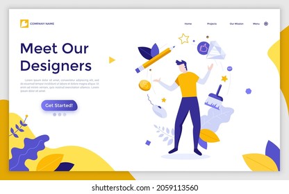 Landing page template with person surrounded by art tools. Concept of creative designer or artist presentation, design studio employee. Modern flat colorful vector illustration for website, webpage.