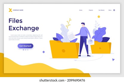 Landing page template with person taking documents out of folders. Concept of online file exchange system, digital data storage, internet data archive. Modern flat vector illustration for webpage.