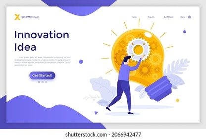 Landing page template with person touching light bulb with gear wheel mechanism inside. Concept of innovative idea, hi-tech innovation, business insight. Modern flat vector illustration for website.