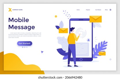 Landing Page Template With Person Touching Smartphone Or Cellphone Screen. Concept Of Mobile Application For Instant Messaging, Online Chatting. Modern Flat Colorful Vector Illustration For Website.