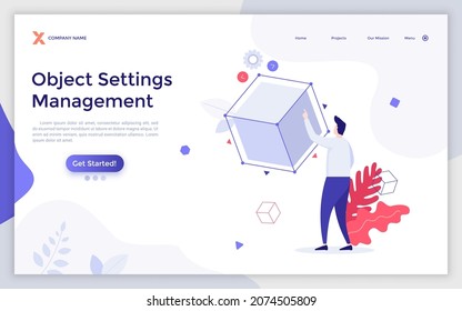 Landing page template with person touching levitating cube. Concept of object settings management, 3d model creation, computer graphics, digital sculpting. Modern flat vector illustration for website.