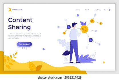 Landing page template with person touching network structure. Concept of online or digital content sharing, social media activity, internet blogging. Modern flat vector illustration for website.